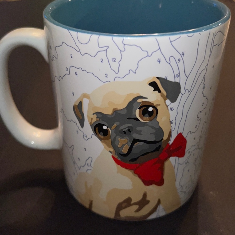 Trey Speegle paint-by-numbers “I ❤️ MY PUG” large ceramic mug-New, but chipped
